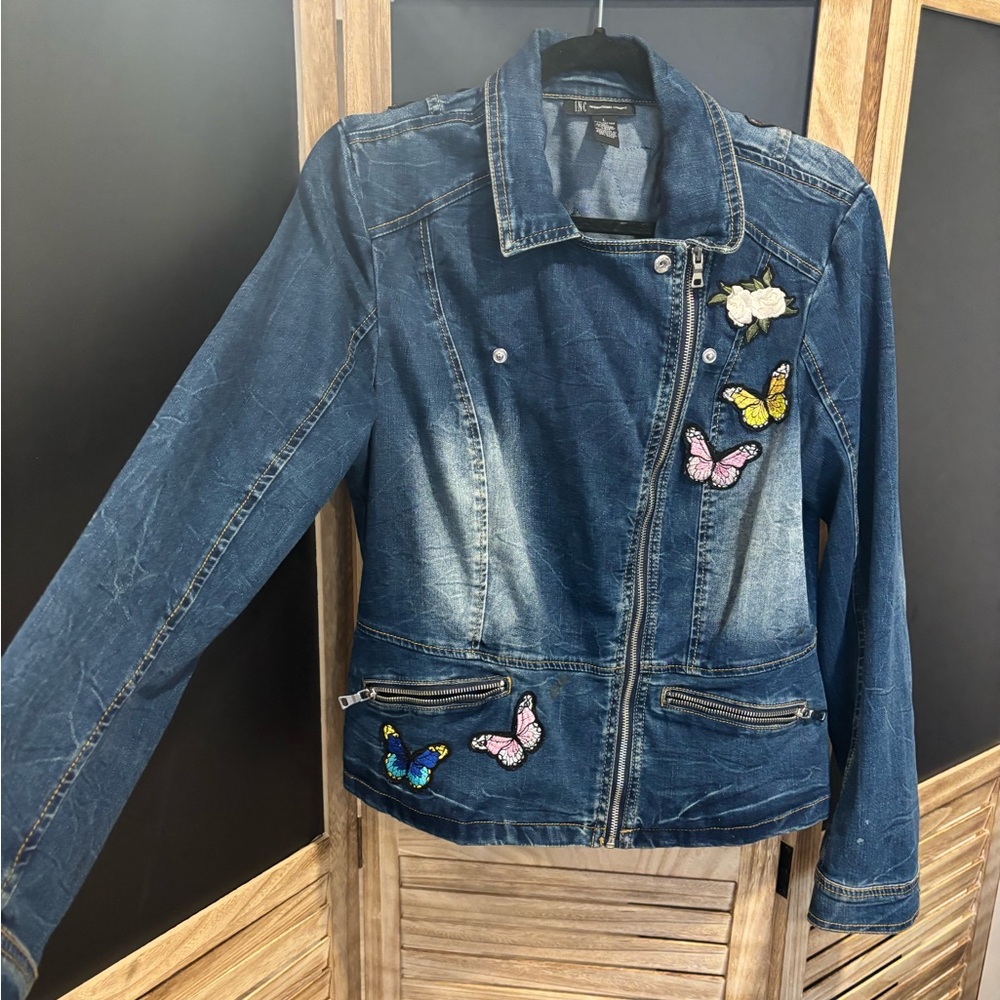 INC International Concepts Embroidered Butterfly Denim Jacket - Blue - Picture 2 of 7